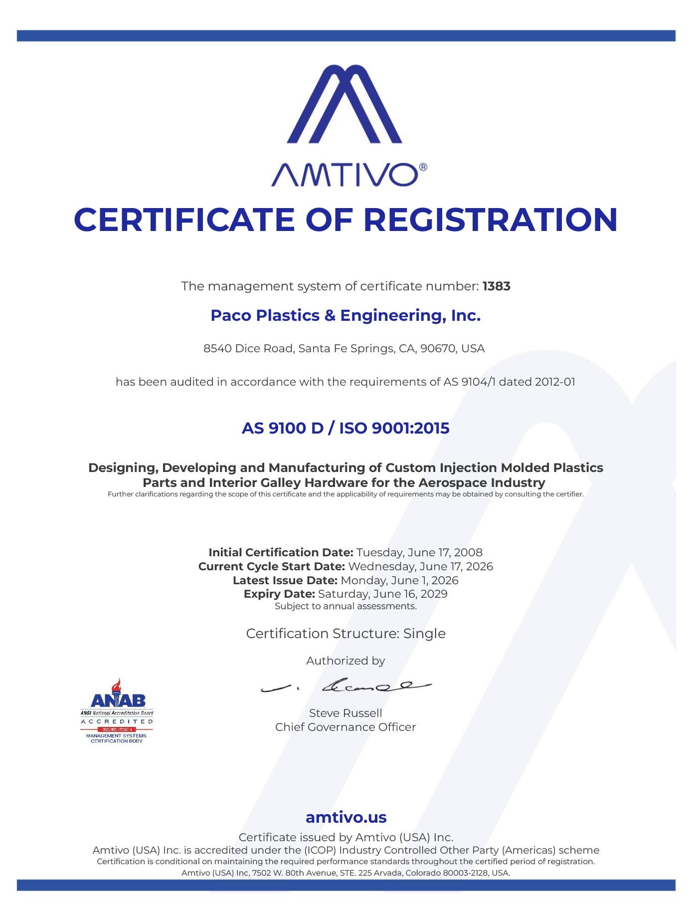 Certification of Registration - ISO 9001:2008 / AS9100 Rev D